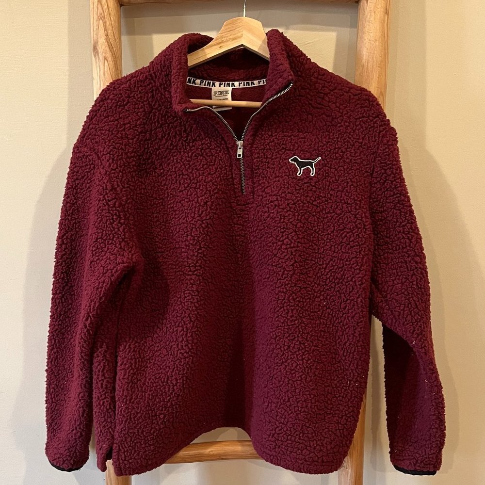 Victoria's Secret PINK Quarter Zip Sherpa Pullover with Pockets in Burgundy